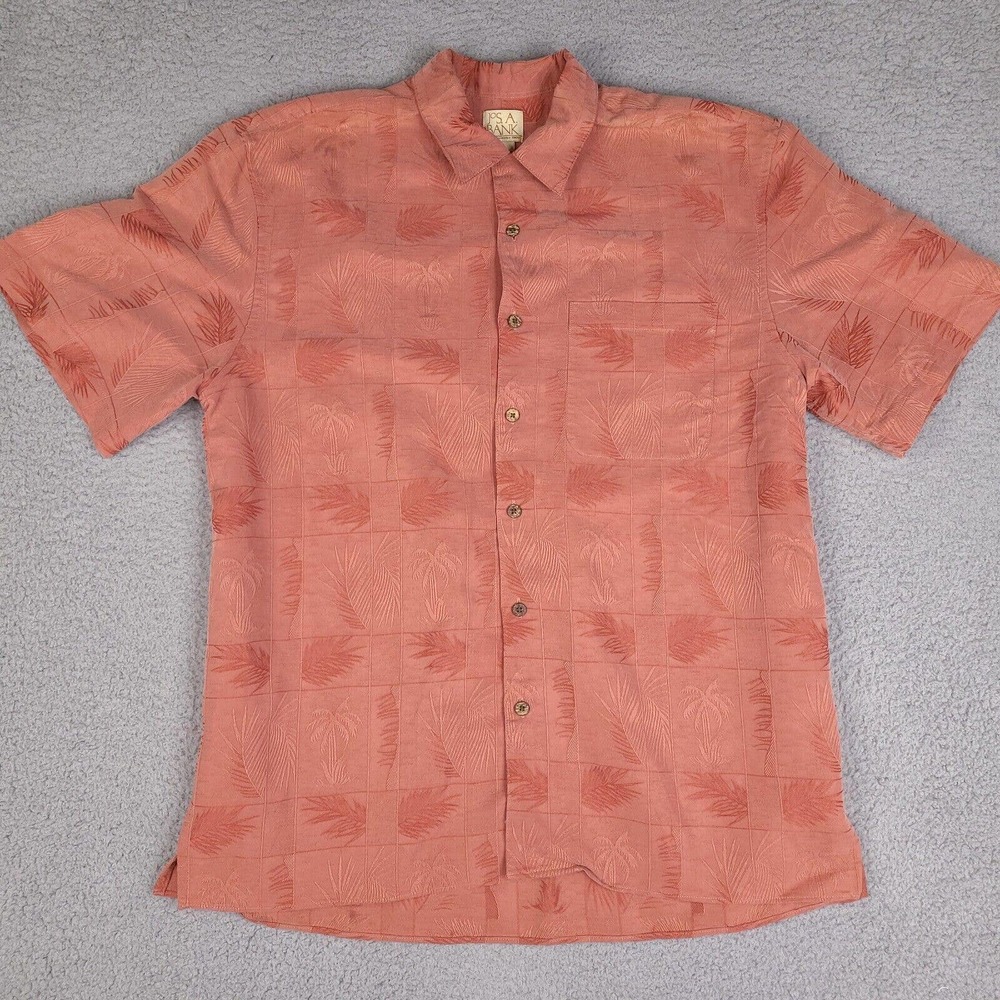 Jos. A. Bank Hawaiian Shirt Mens Large Orange Short Sleeve Button‎ Tropical Palm